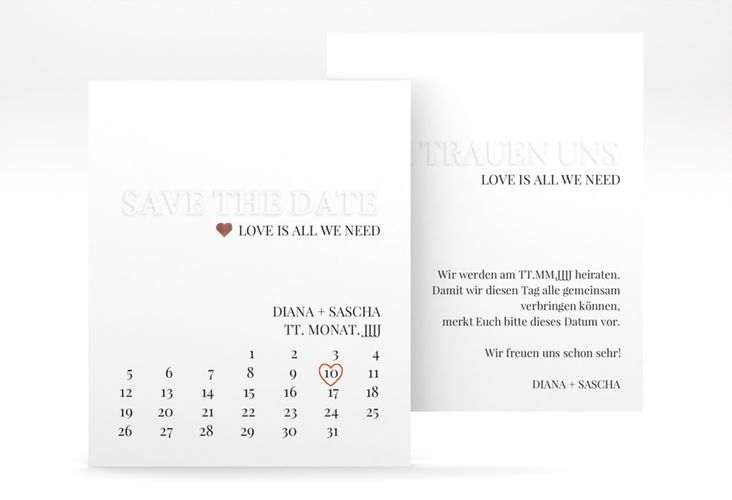 Save the Date-Kalenderblatt Embossing Kalenderblatt-Karte rosegold