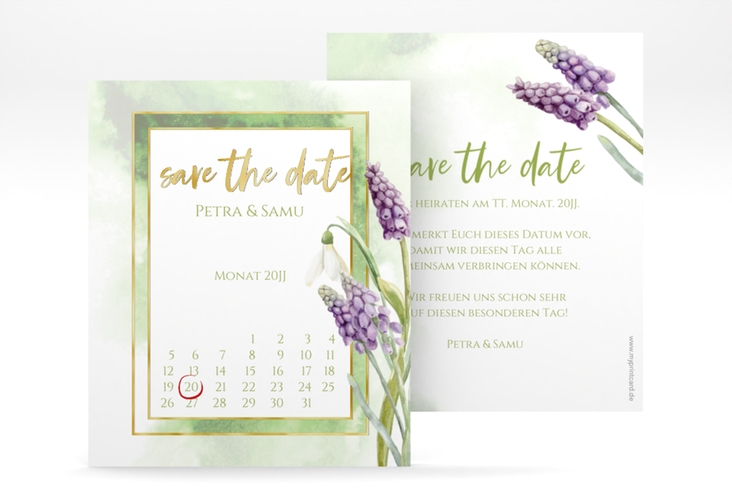 Save the Date-Kalenderblatt Frühling Kalenderblatt-Karte gold mit Frühlingsblumen in Aquarell