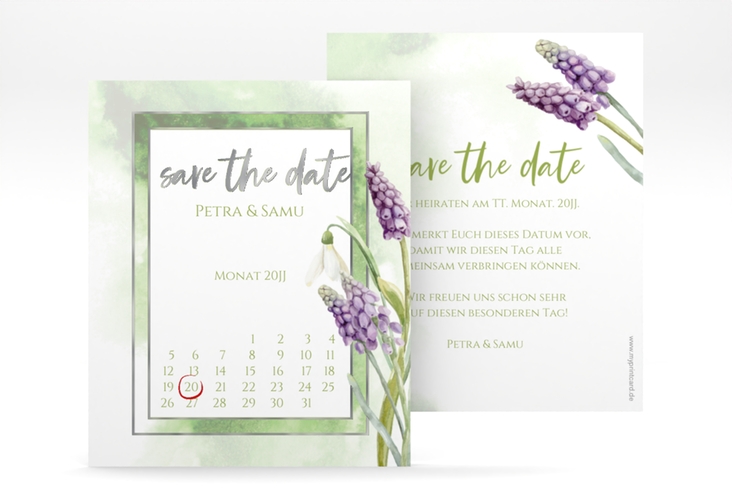 Save the Date-Kalenderblatt Frühling Kalenderblatt-Karte silber mit Frühlingsblumen in Aquarell