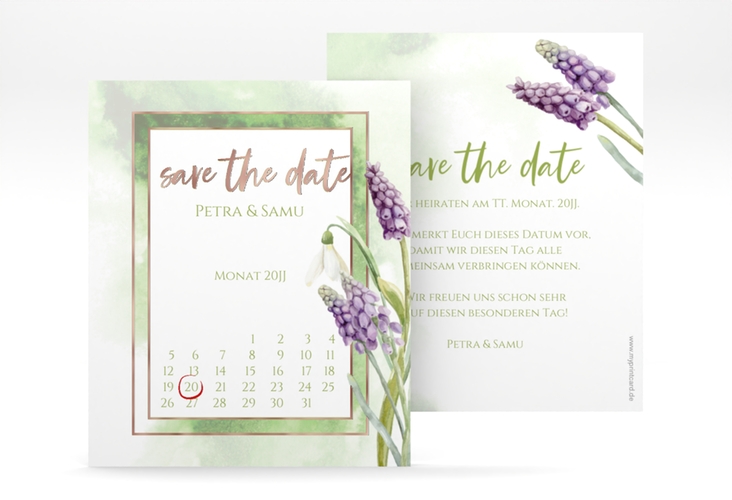 Save the Date-Kalenderblatt Frühling Kalenderblatt-Karte rosegold mit Frühlingsblumen in Aquarell