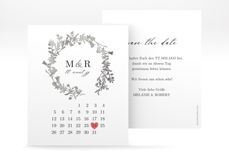 Save the Date-Kalenderblatt Filigree Kalenderblatt-Karte silber