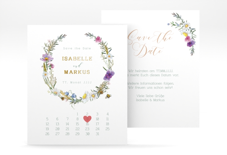 Save the Date-Kalenderblatt Blumengarten Kalenderblatt-Karte gold mit Blumenkranz und Hummel