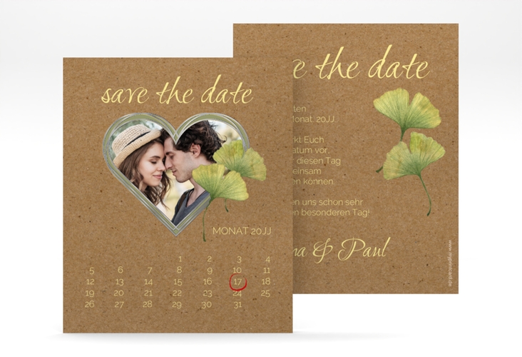 Save the Date-Kalenderblatt Ginko Kalenderblatt-Karte silber mit Herz und zwei Ginkgo-Blättern