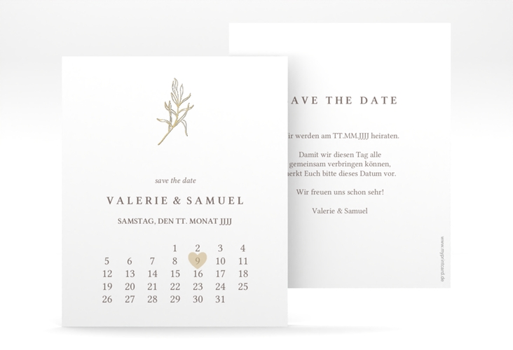 Save the Date-Kalenderblatt Ivy Kalenderblatt-Karte gold minimalistisch mit kleiner botanischer Illustration