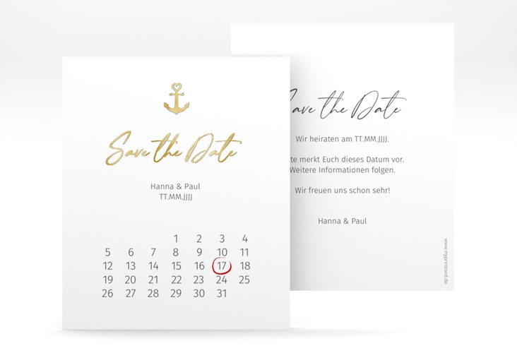 Save the Date-Kalenderblatt Ankerliebe Kalenderblatt-Karte gold im minimalistischen maritimen Design mit Anker