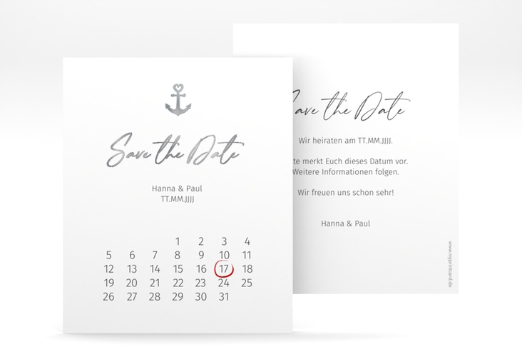 Save the Date-Kalenderblatt Ankerliebe Kalenderblatt-Karte silber im minimalistischen maritimen Design mit Anker