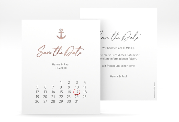 Save the Date-Kalenderblatt Ankerliebe Kalenderblatt-Karte rosegold im minimalistischen maritimen Design mit Anker