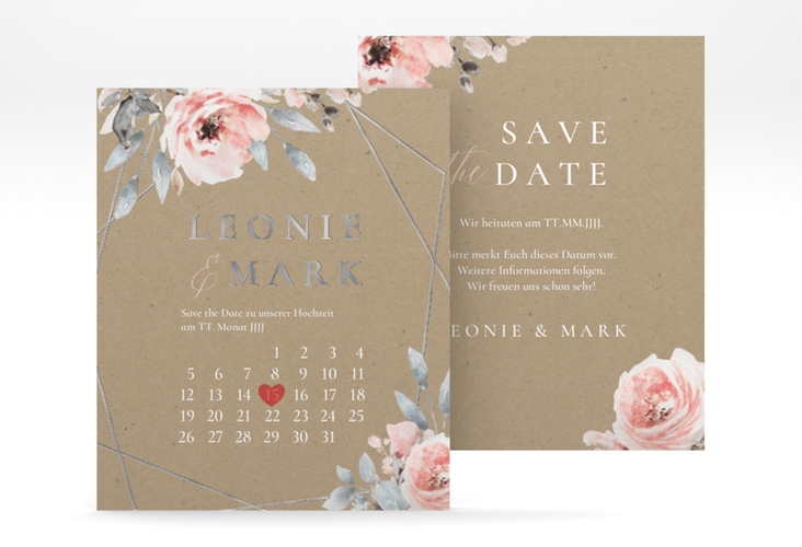 Save the Date-Kalenderblatt Perfection Kalenderblatt-Karte silber mit rosa Rosen