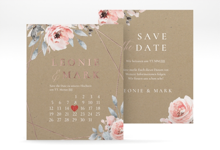 Save the Date-Kalenderblatt Perfection Kalenderblatt-Karte rosegold mit rosa Rosen