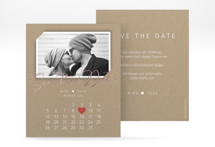 Save the Date-Kalenderblatt Crafty Kalenderblatt-Karte rosegold in Kraftpapier-Optik mit Foto