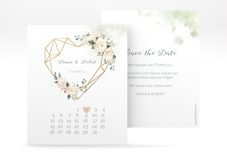 Save the Date-Kalenderblatt Adore Kalenderblatt-Karte gold mit geometrischem Herz und Rosen in Pastell