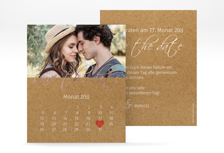 Save the Date-Kalenderblatt Big Picture Kalenderblatt-Karte rosegold mit Foto des Brautpaars