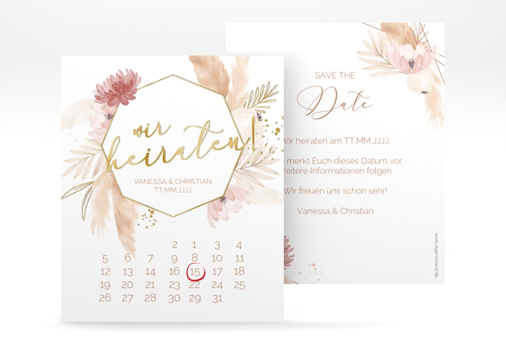 Save the Date-Kalenderblatt Bohostyle Kalenderblatt-Karte gold mit Pampasgras in Aquarell