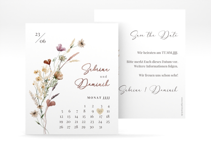 Save the Date-Kalenderblatt Sauvages Kalenderblatt-Karte rosegold mit getrockneten Wiesenblumen