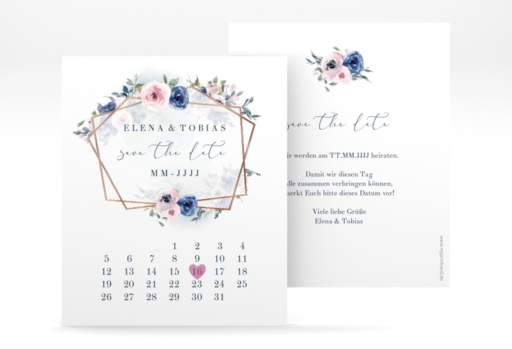 Save the Date-Kalenderblatt Dustyblue Kalenderblatt-Karte rosegold