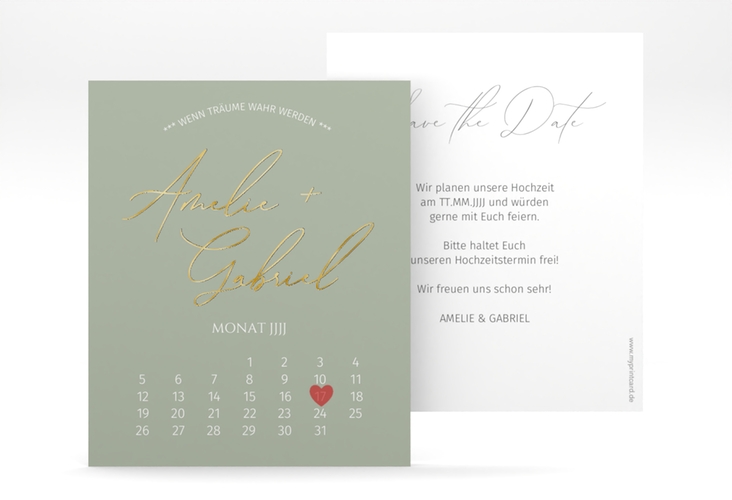 Save the Date-Kalenderblatt Federschrift Kalenderblatt-Karte gold in schlichtem Design mit Kalligrafie