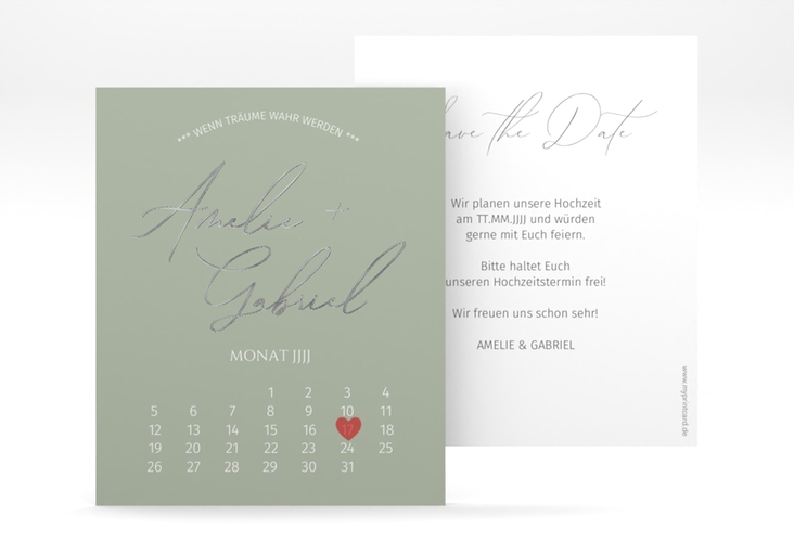 Save the Date-Kalenderblatt Federschrift Kalenderblatt-Karte silber in schlichtem Design mit Kalligrafie