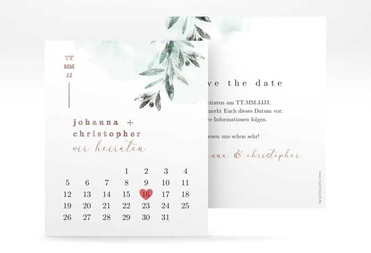 Save the Date-Kalenderblatt Mediterran Kalenderblatt-Karte rosegold mit Lorbeerzweig in Aquarell