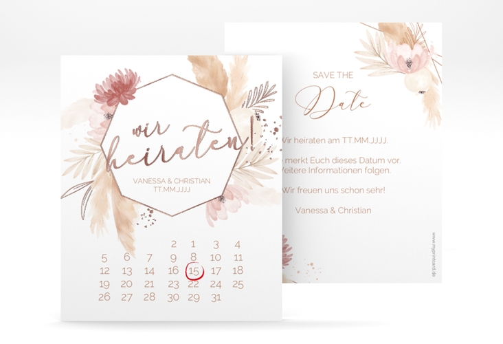 Save the Date-Kalenderblatt Bohostyle Kalenderblatt-Karte rosegold mit Pampasgras in Aquarell