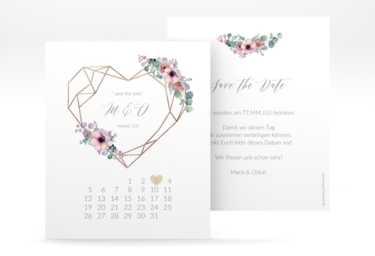 Save the Date-Kalenderblatt Herzgold Kalenderblatt-Karte rosegold