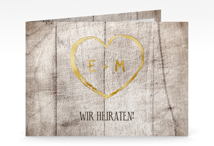 Hochzeitseinladung Wood mittlere Klappkarte quer weiss gold