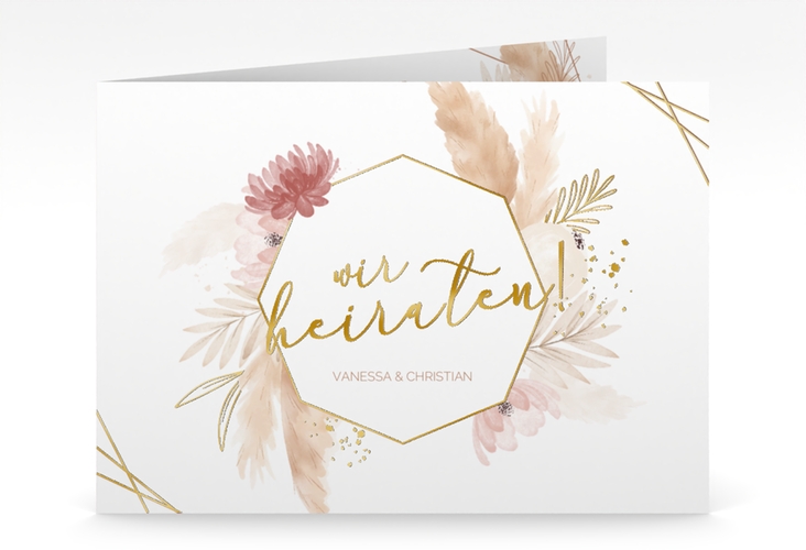 Hochzeitseinladung Bohostyle mittlere Klappkarte quer beige gold mit Pampasgras in Aquarell