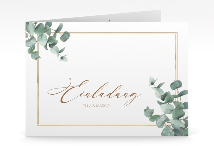 Hochzeitseinladung Eucalypt mittlere Klappkarte quer weiss gold mit Eukalyptus und edlem Rahmen