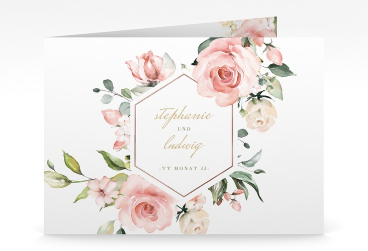 Hochzeitseinladung Graceful mittlere Klappkarte quer weiss rosegold mit Rosenblüten in Rosa und Weiß