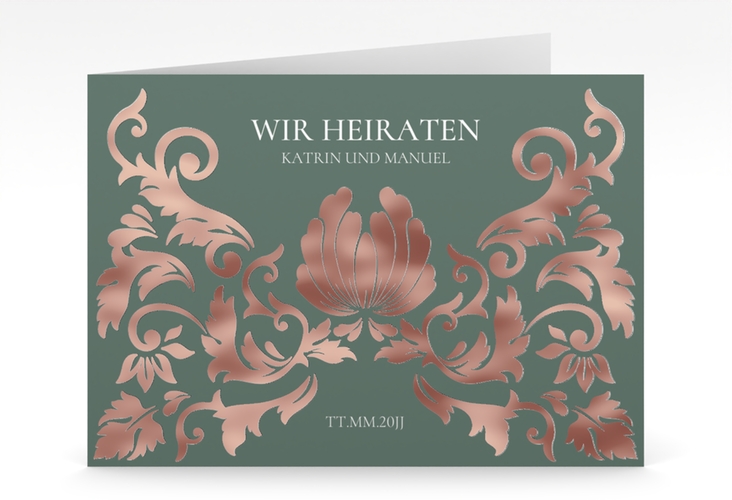 Hochzeitseinladung Royal mittlere Klappkarte quer gruen rosegold mit barockem Blumen-Ornament