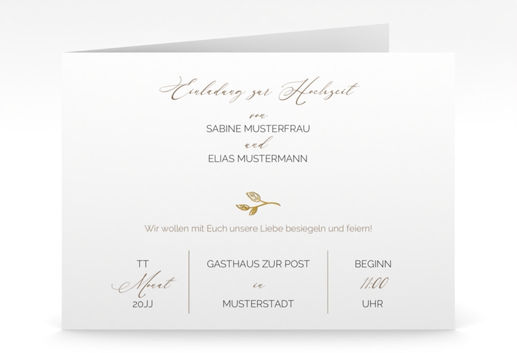 Hochzeitseinladung Plain mittlere Klappkarte quer weiss gold