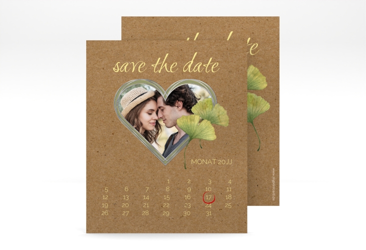 Save the Date-Kalenderblatt Ginko Kalenderblatt-Karte silber mit Herz und zwei Ginkgo-Blättern