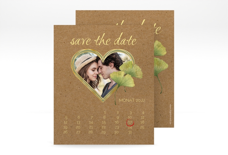 Save the Date-Kalenderblatt Ginko Kalenderblatt-Karte gold mit Herz und zwei Ginkgo-Blättern