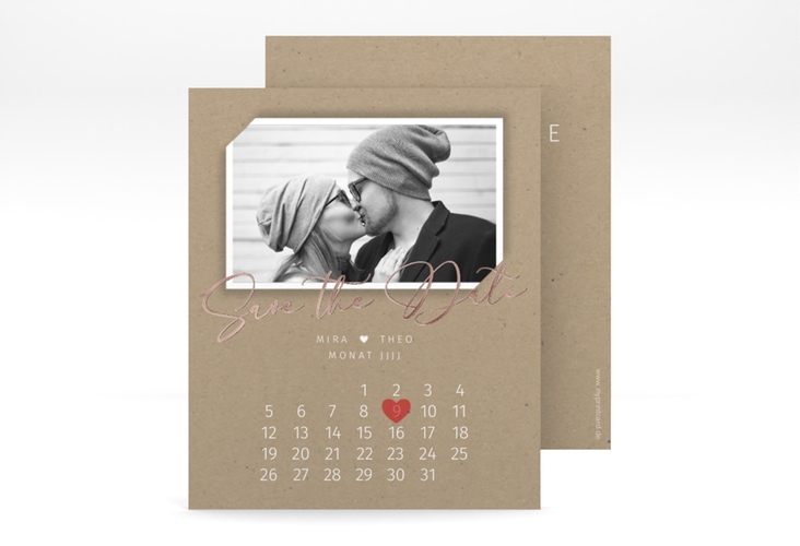 Save the Date-Kalenderblatt Crafty Kalenderblatt-Karte rosegold in Kraftpapier-Optik mit Foto