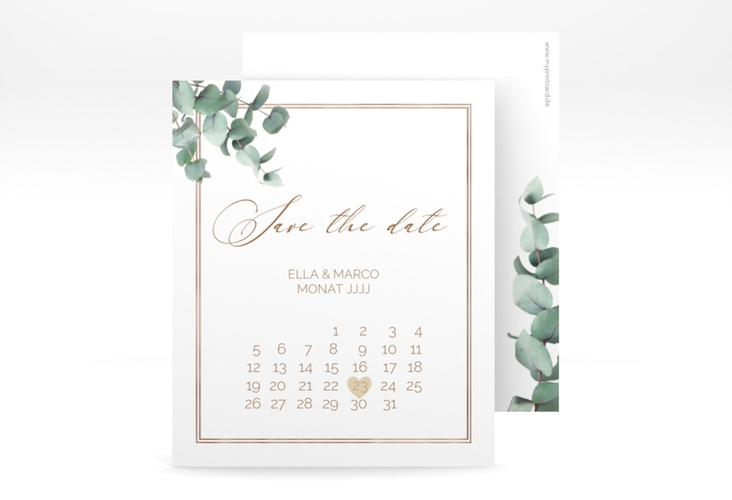 Save the Date-Kalenderblatt Eucalypt Kalenderblatt-Karte rosegold mit Eukalyptus und edlem Rahmen