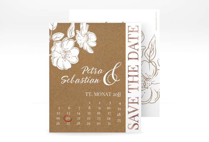 Save the Date-Kalenderblatt Windflower Kalenderblatt-Karte rosegold mit Wildrosen