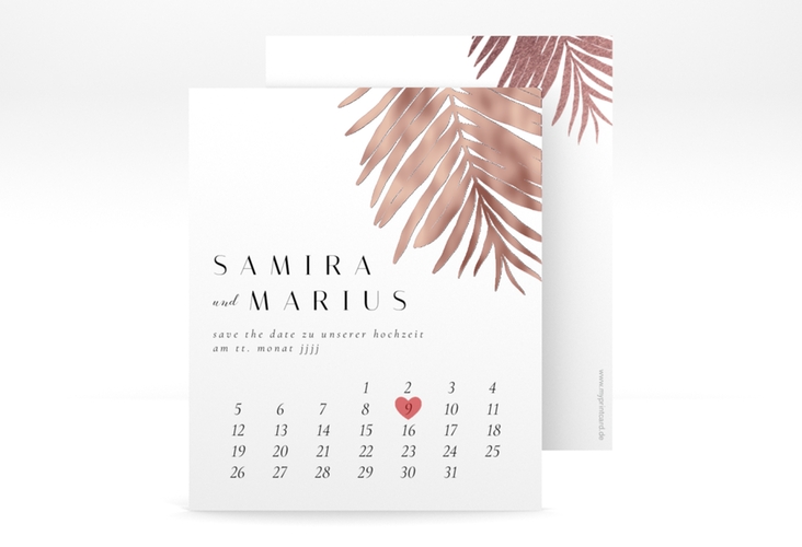 Save the Date-Kalenderblatt Palmenblatt Kalenderblatt-Karte rosegold mit Palmenwedel