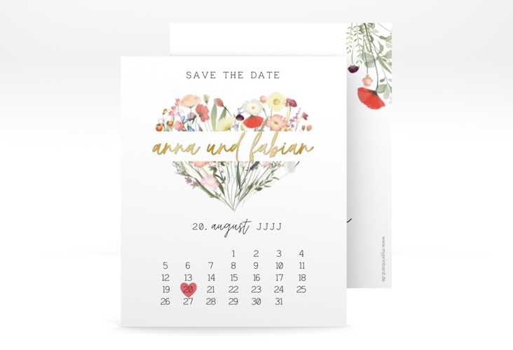 Save the Date-Kalenderblatt Wildblumenherz Kalenderblatt-Karte gold