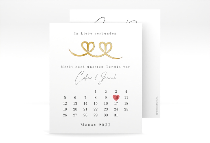 Save the Date-Kalenderblatt Doppelherz Schleife Kalenderblatt-Karte gold mit Folie