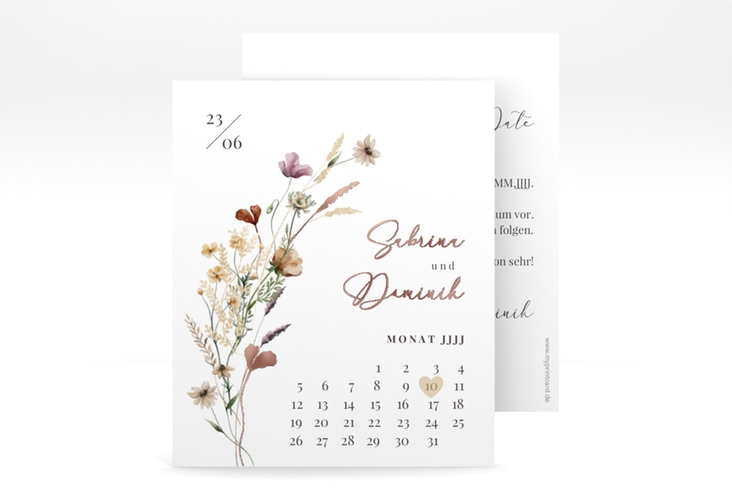 Save the Date-Kalenderblatt Sauvages Kalenderblatt-Karte rosegold mit getrockneten Wiesenblumen