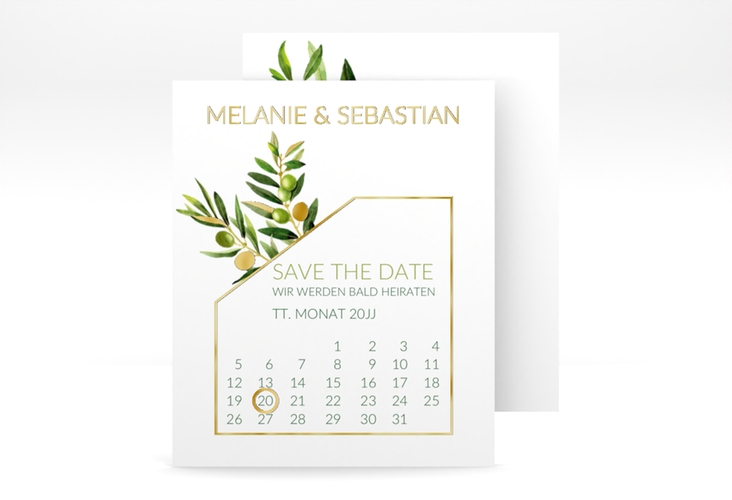 Save the Date-Kalenderblatt Olivenzweig Kalenderblatt-Karte gold