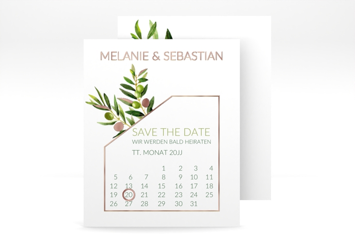 Save the Date-Kalenderblatt Olivenzweig Kalenderblatt-Karte rosegold