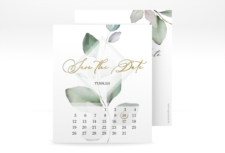 Save the Date-Kalenderblatt Foglia Kalenderblatt-Karte gold edel mit Eukalyptus im Aquarell-Design