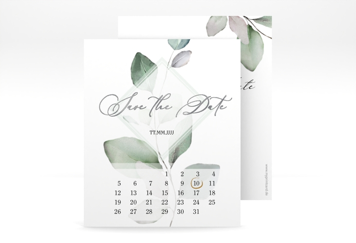 Save the Date-Kalenderblatt Foglia Kalenderblatt-Karte silber edel mit Eukalyptus im Aquarell-Design