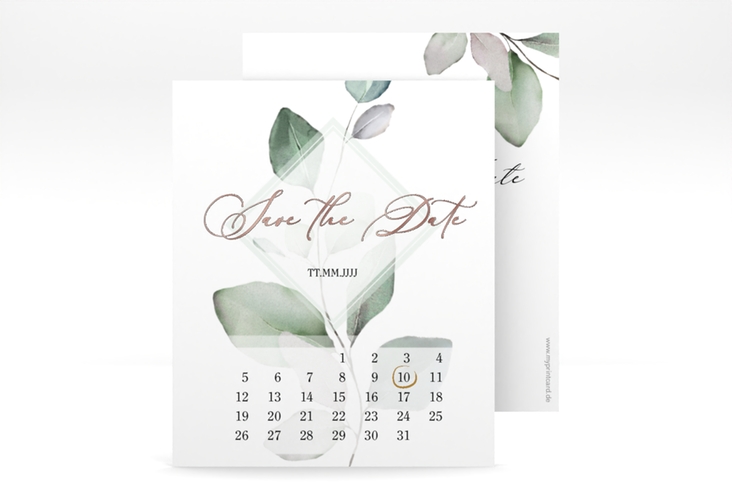 Save the Date-Kalenderblatt Foglia Kalenderblatt-Karte rosegold edel mit Eukalyptus im Aquarell-Design