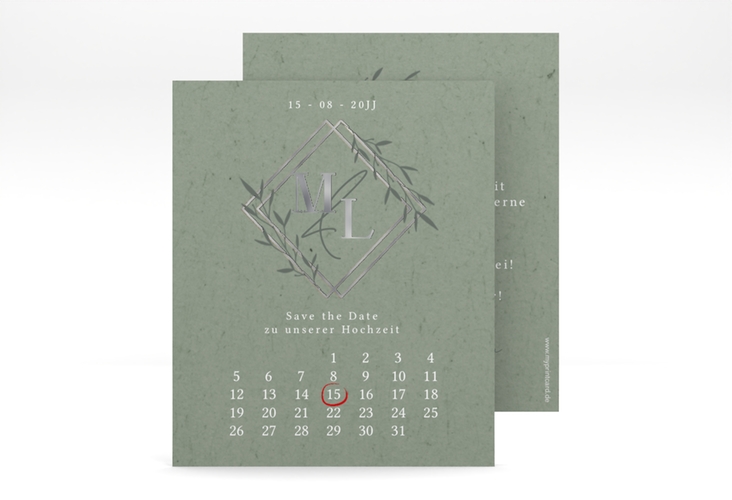 Save the Date-Kalenderblatt Greenletter Kalenderblatt-Karte silber mit Initialen in elegantem Goldrahmen mit Blättern