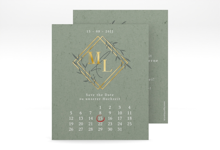 Save the Date-Kalenderblatt Greenletter Kalenderblatt-Karte gold mit Initialen in elegantem Goldrahmen mit Blättern