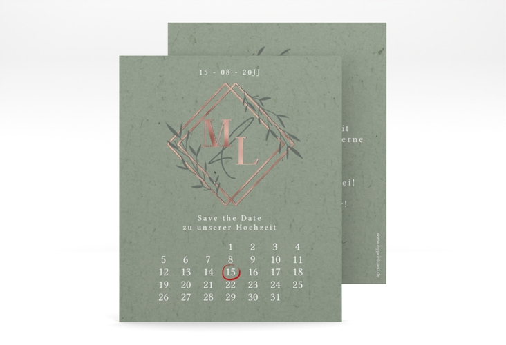 Save the Date-Kalenderblatt Greenletter Kalenderblatt-Karte rosegold mit Initialen in elegantem Goldrahmen mit Blättern