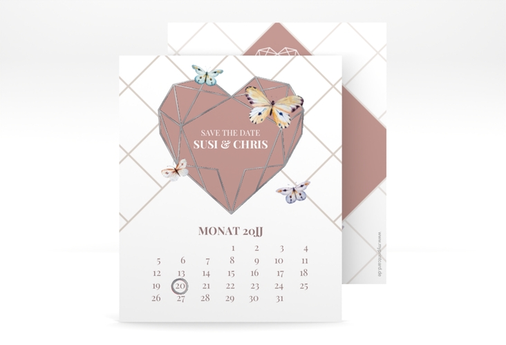 Save the Date-Kalenderblatt Butterfly Kalenderblatt-Karte silber mit Schmetterlingen und Herz im Geometric Design
