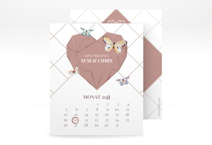 Save the Date-Kalenderblatt Butterfly Kalenderblatt-Karte rosegold mit Schmetterlingen und Herz im Geometric Design