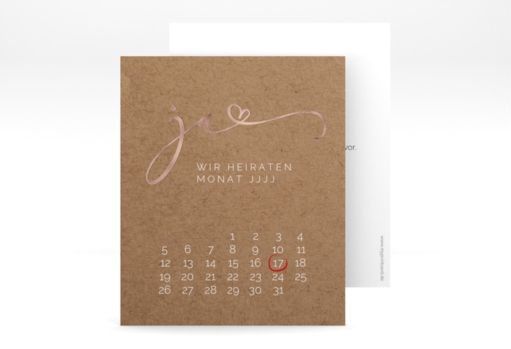 Save the Date-Kalenderblatt Jawort Kalenderblatt-Karte rosegold modern minimalistisch mit veredelter Aufschrift